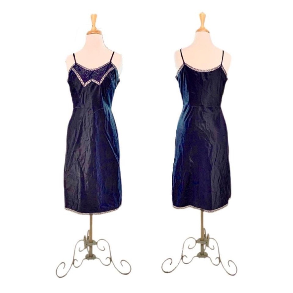 *Vintage Dark Blue Midi Satin Slip Dress - Barbizon*